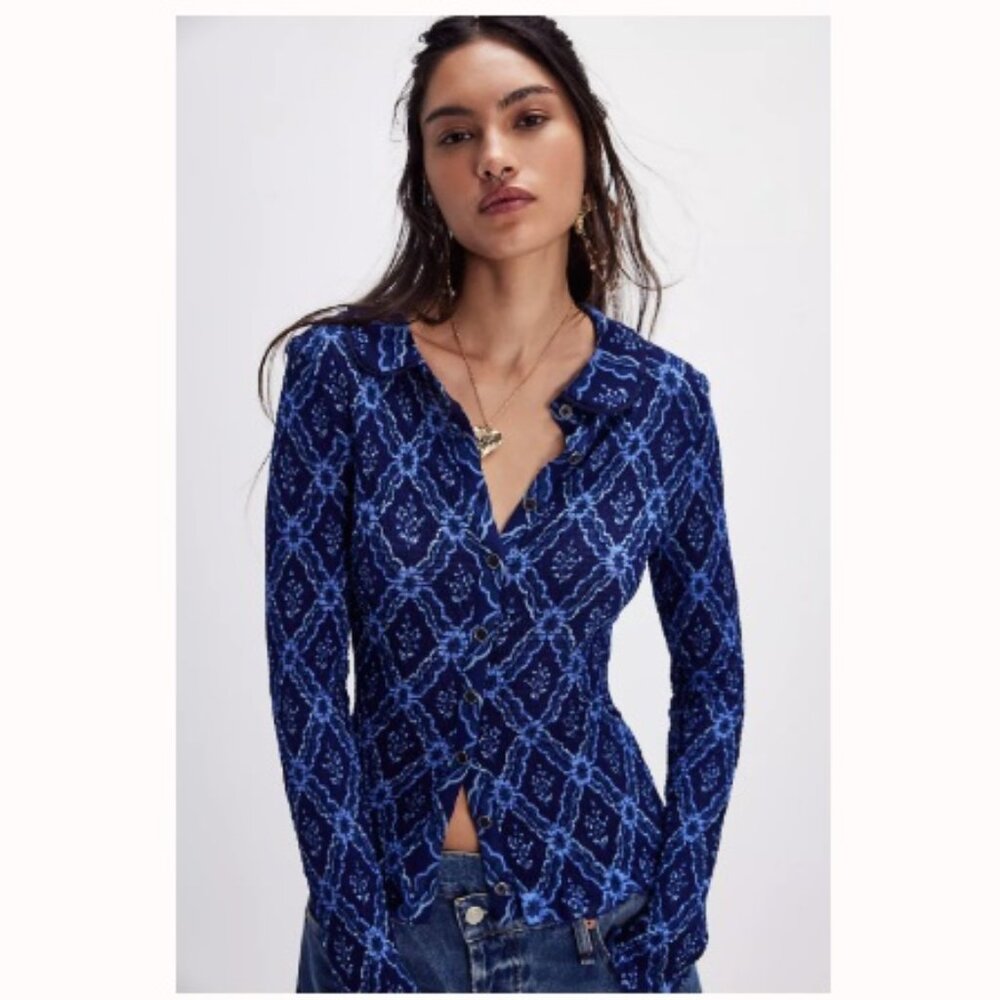 Free People Caught A Feeling Cardi Blouse Top, Blue | Size Small